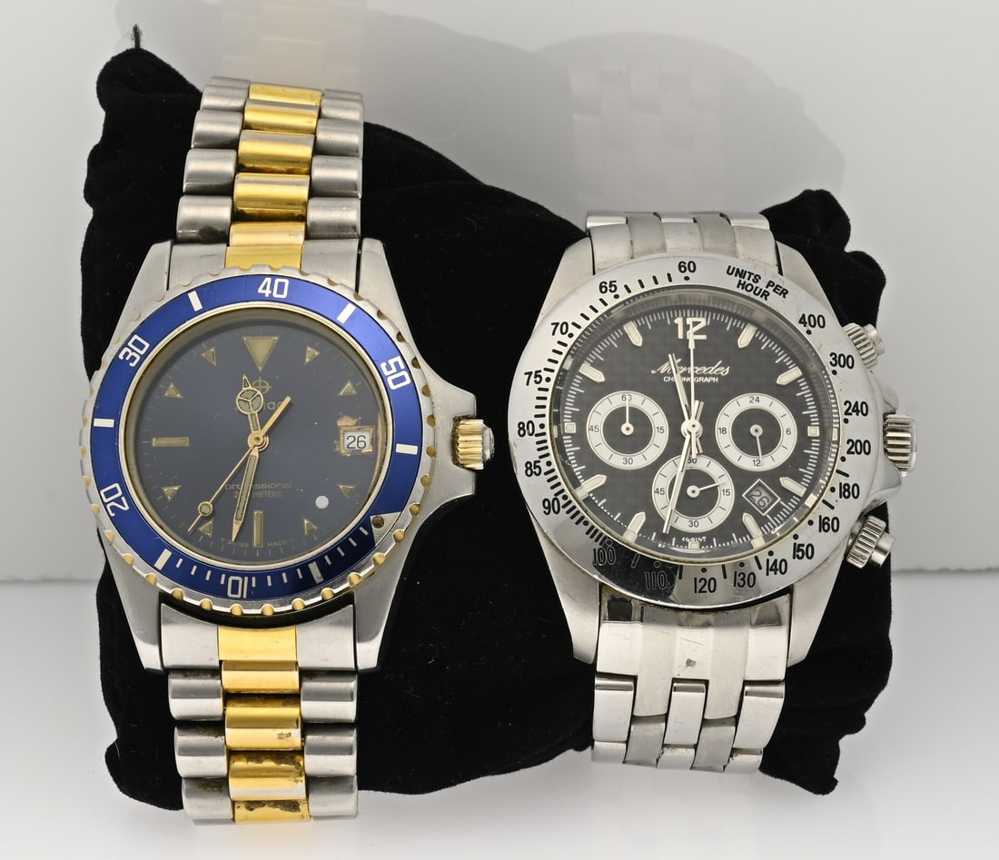 2 Chrono Watches: Two watches, a steel model, Mercerdes chronograph, and a bicolour watch, Zodiac with a bezel with blue decoration. Quartz. Working. In good condition.