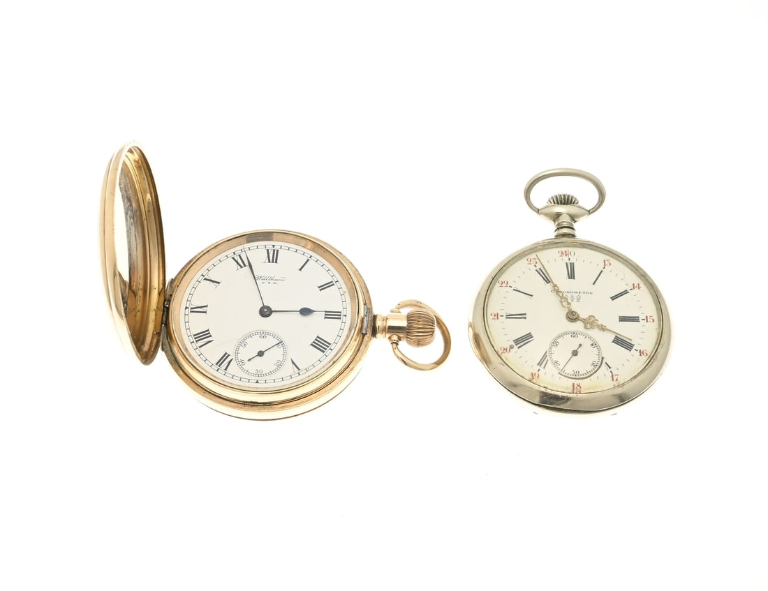 2 Pocket watches: Lot of 2 pocket watches. A 10-carat heavy gold-plated watch, Waltham, USA, with a cover on the front and back. And a white metal Chronometer pocket watch. Both working. ø 51-52 mm. In good condition.