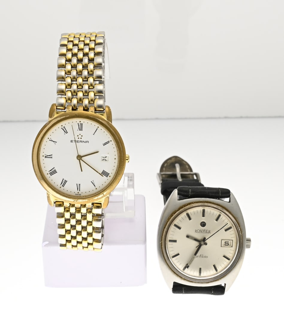 2 Watches: Lot of 2 watches: a mechanical Roamer watch with a steel case and date display, fitted with a leather strap. And a gold-colored Eterna watch, quartz with a white dial featuring a date display and a