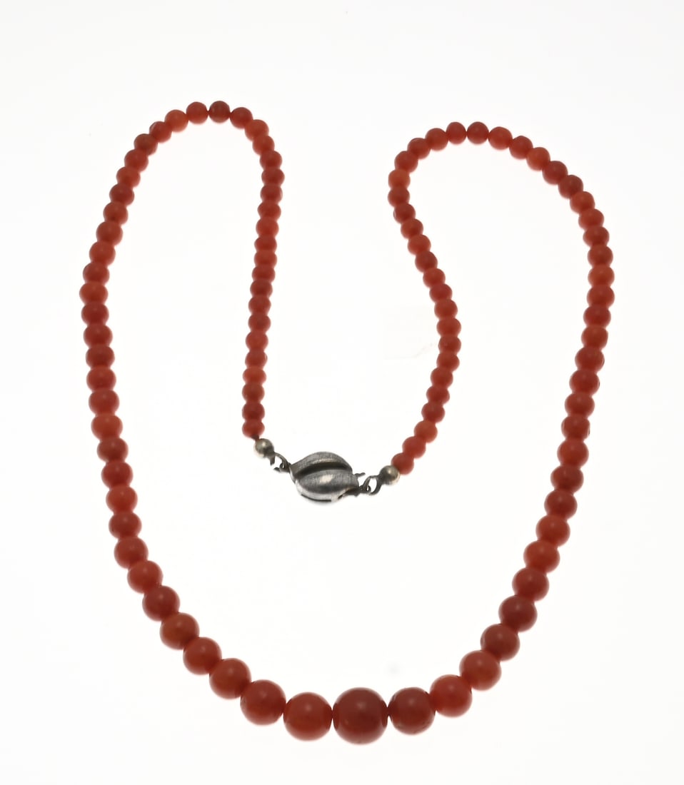 Red coral necklace with silver: Red coral necklace with silver clasp, 925/000. Necklace of round corals tapering in size, ø 4.5-10mm. Length 52 cm. Approx. 26.6 grams. With a beautiful red color. In good condition.