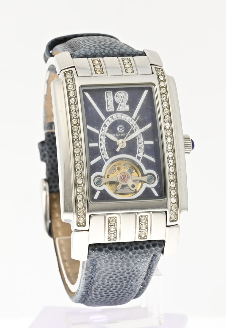 Weiz (mechanical): Beautiful steel watch, mechanical, with a rectangular case set with crystals and a blue dial with an open eye. Mounted on a blue leather strap. Case width 29 mm. Working, in good condition.