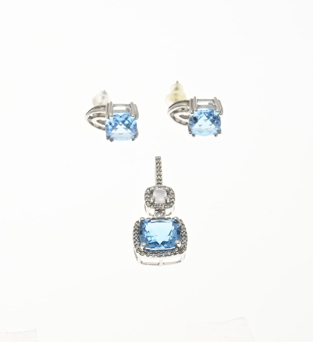 9 Carat pendant and stud earrings with blue topaz and diamond (1 of 1)