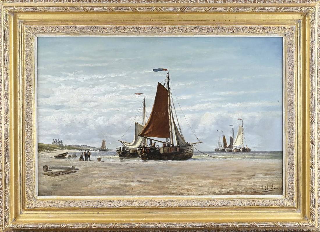 Hendrik Hulk, Dutch beach scene with fishing boats: Hendrik Hulk. 1842 - 1937. Dutch beach scene with fishing boats. Oil on canvas. Dimensions: H 45 x W 68 cm. In good condition.