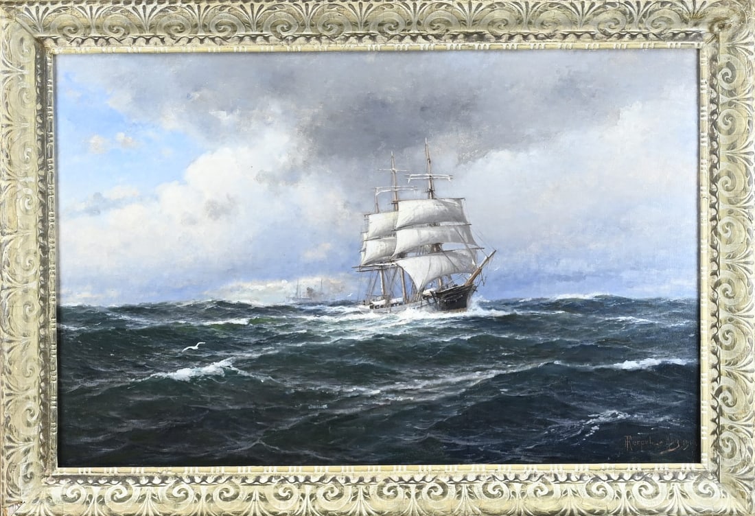 Franz Carl Herpel, Seascape: Franz Carl Herpel (1910). 1850 – 1933. German School. Seascape with a three-masted ship on the open sea. Oil on canvas. Dimensions: H 62 x W 95 cm. Older restoration. In good condition.
