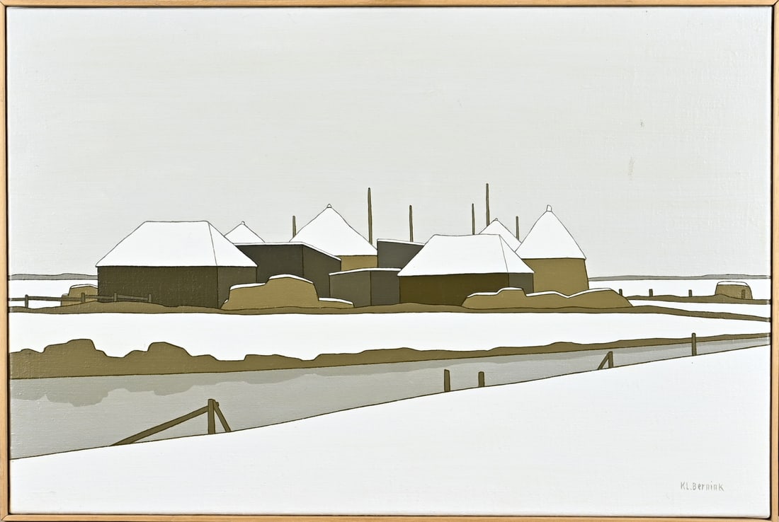 Klaas Bernink, Winter/reed storage Genemuiden: Klaas Bernink. 1913 - 1996 Glanerbrug. Reed Storage Genemuiden. Acrylic on linen. Dimensions: H 40 x W 60 cm. In good condition.