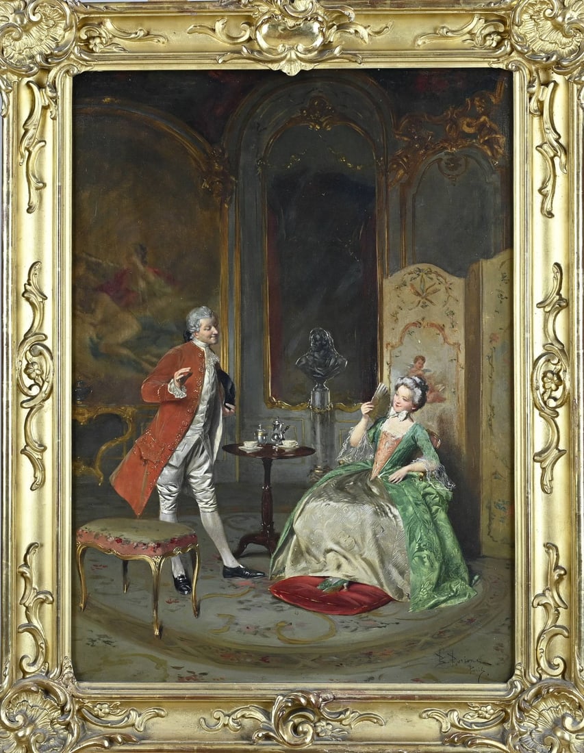 BL Bornione, Chic interior with flirting couple: Bernard Louis Bornione. 1865 -. French School. Chic 18th century interior with flirting couple. Oil on linen. Dimensions: H 65 x W 45 cm. In good condition.