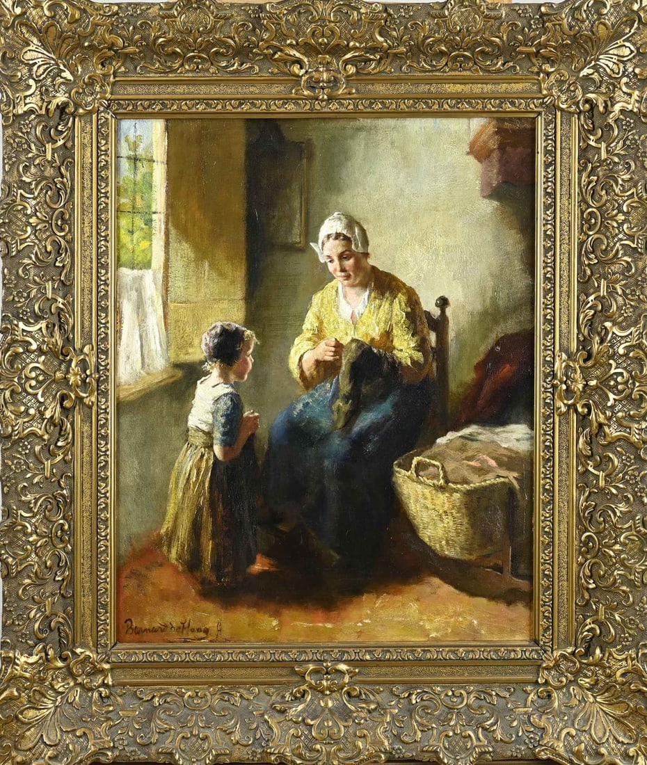 Bernard de Hoog, Laren interior: Bernard de Hoog. 1866 - 1943. Laren interior with a mother and child doing needlework. Oil on linen. Dimensions: H 51 x W 41 cm. In good condition.