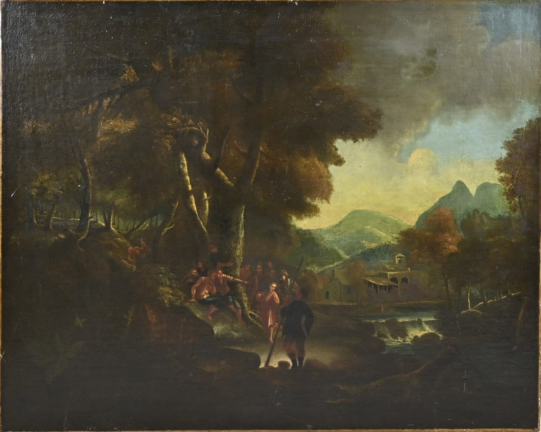 Painting, Mountainous landscape: Painting. French School. 17th Century. Mountainous landscape with figures by a watering hole. Dimensions: H 85 x W 106 cm. Older restoration. In good condition.