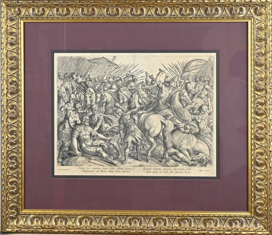 17th-century copper engraving: Antique Dutch 17th century copper engraving. Battle of the Trebia. By Visscher Excudebate. Antonius Tempesta Inventor. Engraving on paper. Center seam. Dimensions: H 38 x W 49 cm. In fair/good