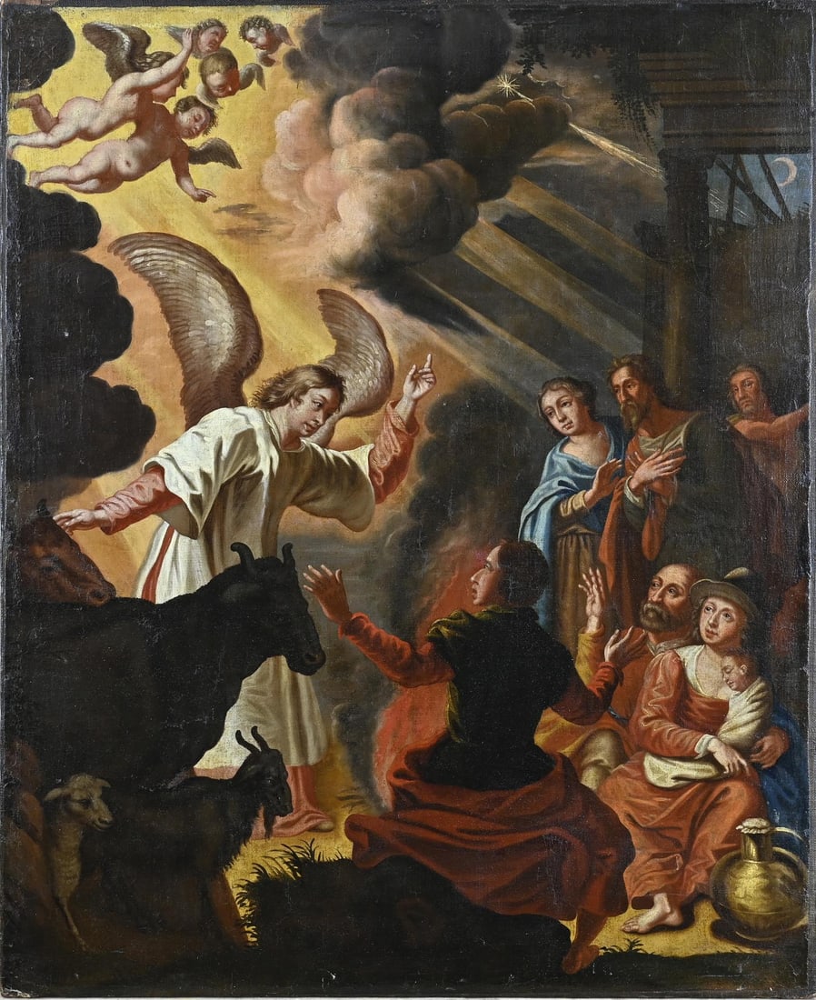 Religious painting, Archangel, Annunciation: 17th - 18th century religious painting. Archangel announcing the birth of Jesus Christ. Dimensions: H 75 x W 60.5 cm. Older restoration. In good condition.