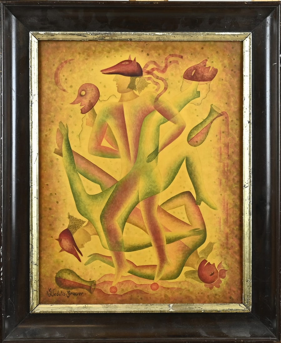 Gisela Sedatis Grosser, Fantasy figures: Gisela Sedatis Grosser. 1935 - 2007. German School. Fantasy figures with masks. Oil on panel. Dimensions: H 38 x W 30 cm. In good condition.