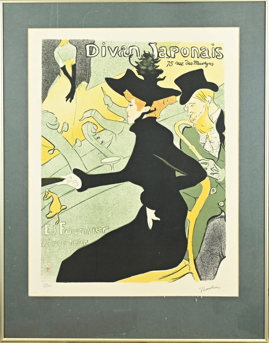 Henri de Toulouse Lautrec, Advertising lithograph: Henri de Toulouse Lautrec. 1864 - 1901. Limited edition lithograph. Titled: Divan Japonais, for an advertisement for a café concert in Montmartre featuring the dancer Jane Avril. Numbered + embossed