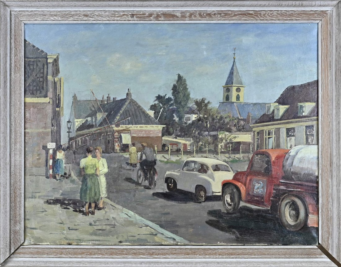 A. Potgieter, Sloterdijk/Amsterdam: A. Potgieter. 1899 - 1982. Summer view of Sloterdijk-Amsterdam, with figures and vintage cars. Oil on canvas. Dimensions: H 60 x W 80 cm. In good condition.