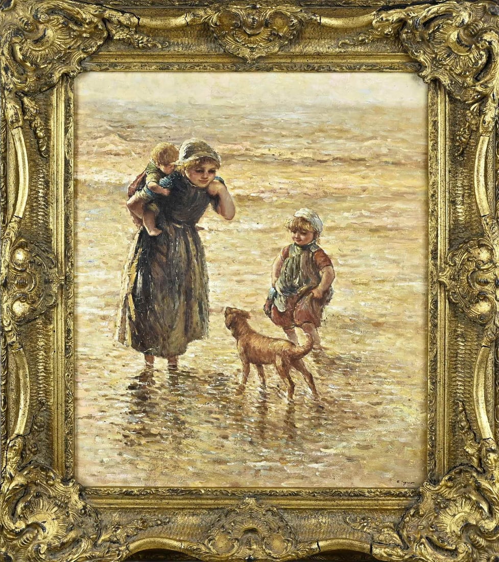 G. Segner, Beach Scene: G. Segner. Children playing with a dog in the surf. Oil on panel. Dimensions: H 60 x W 51 cm. In good condition.