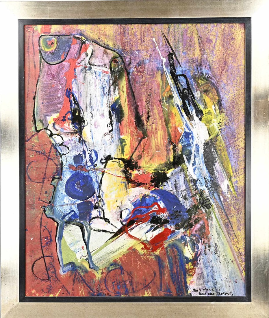 Jan te Wierik, Abstract: Jan te Wierik. 1954 - 2002 Haaksbergen. Abstract figurative fantasy representation. Acrylic on linen. Dimensions: H 100 x W 80 cm. In good condition.