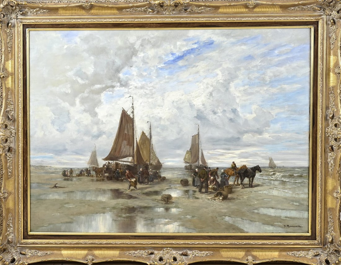 Désiré Thomassin, Scheveningen fishermen: Thomassin. Austria. 1858 – 1933. Scheveningen fishermen with fishing boats on the beach. Oil on canvas. Marouflé. Dimensions: H 70 x W 95 cm. In good condition.