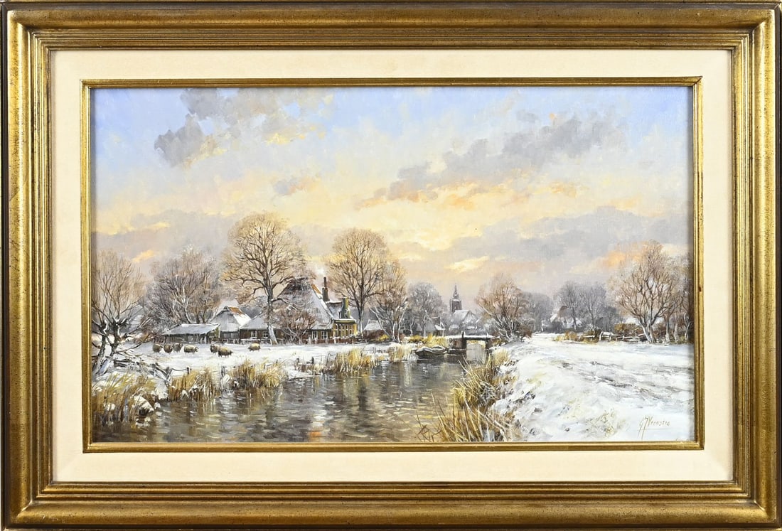 GJ Veenstra, Village in winter: GJ Veenstra. 1954 -. Dutch village in winter. Oil on canvas. Dimensions: H 30 x W 50 cm. In good condition.