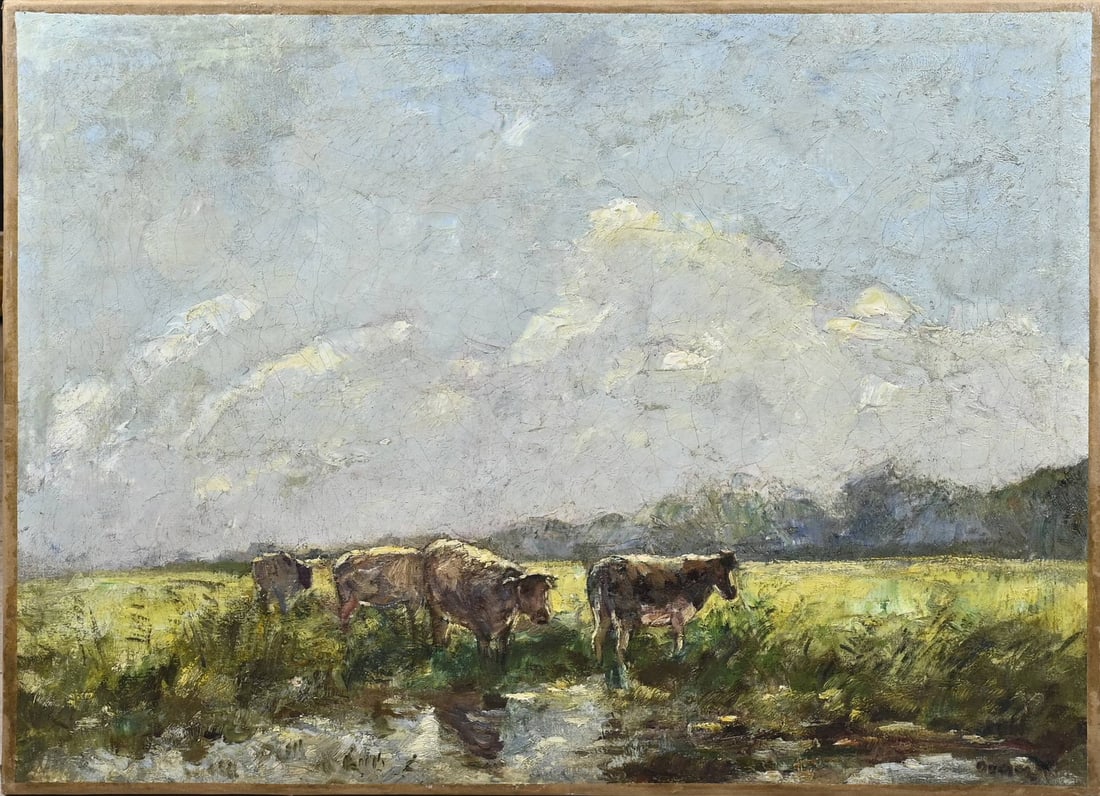 Jacobus Doeser, Summer landscape with cows at a watering place: Jacobus Doeser. 1884 - 1970. Summer landscape with cows at a watering hole. Oil on canvas. Dimensions: H 61 x W 80 cm. In good condition.