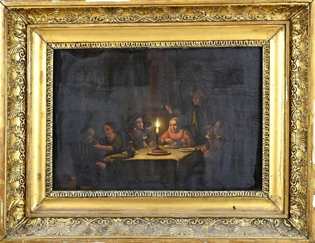 Painting, Interior with figures by candlelight: Painting. Dutch School. Circa 1830. Dutch interior with figures by candlelight. Oil on panel. Dimensions: H 22 x W 31.5 cm. In good condition.