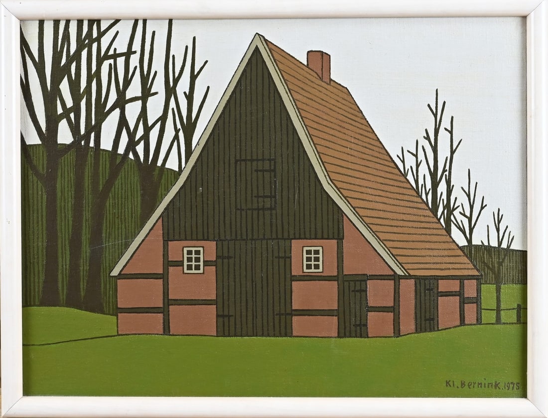 Klaas Bernink, Old farmhouse: Klaas Bernink, (1975). 1913 - 1996 Glanerbrug. Old farmhouse on Lossersestraat, Enschede. Acrylic on linen. Dimensions: H 30 x W 40 cm. In good condition.