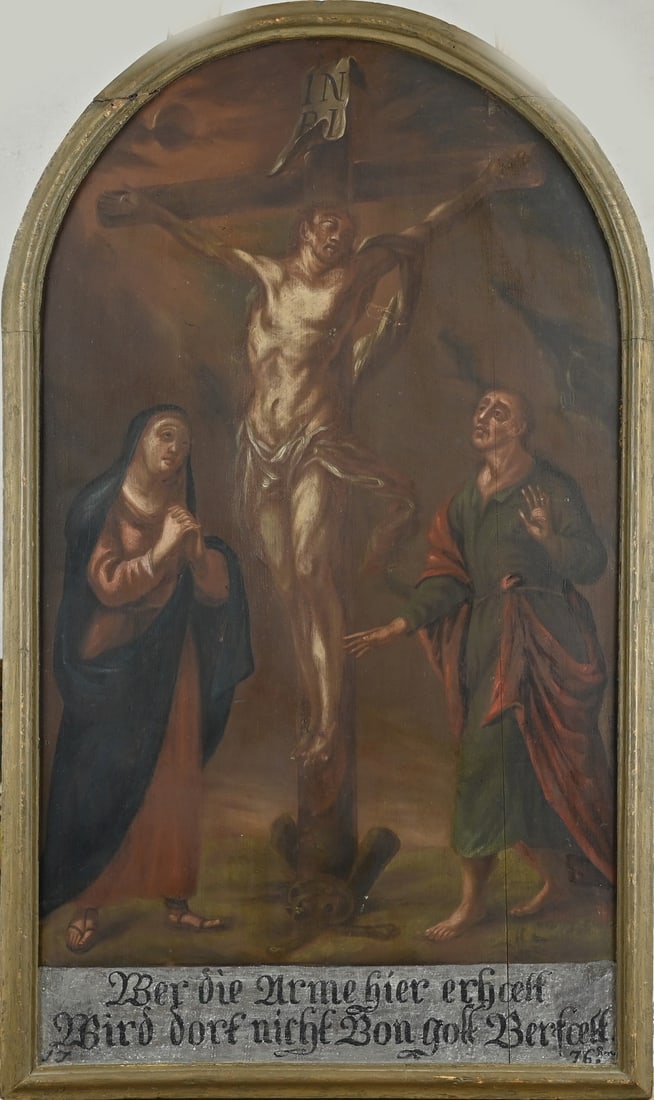 Religious painting, Crucifixion of Jesus: 18th-century religious painting. German. Baroque. Crucifixion of Jesus Christ, with the motto 'Wer die Arme hier erhaelt wird dort nicht von Gott Befoest' (Whoever supports the poor here will not be