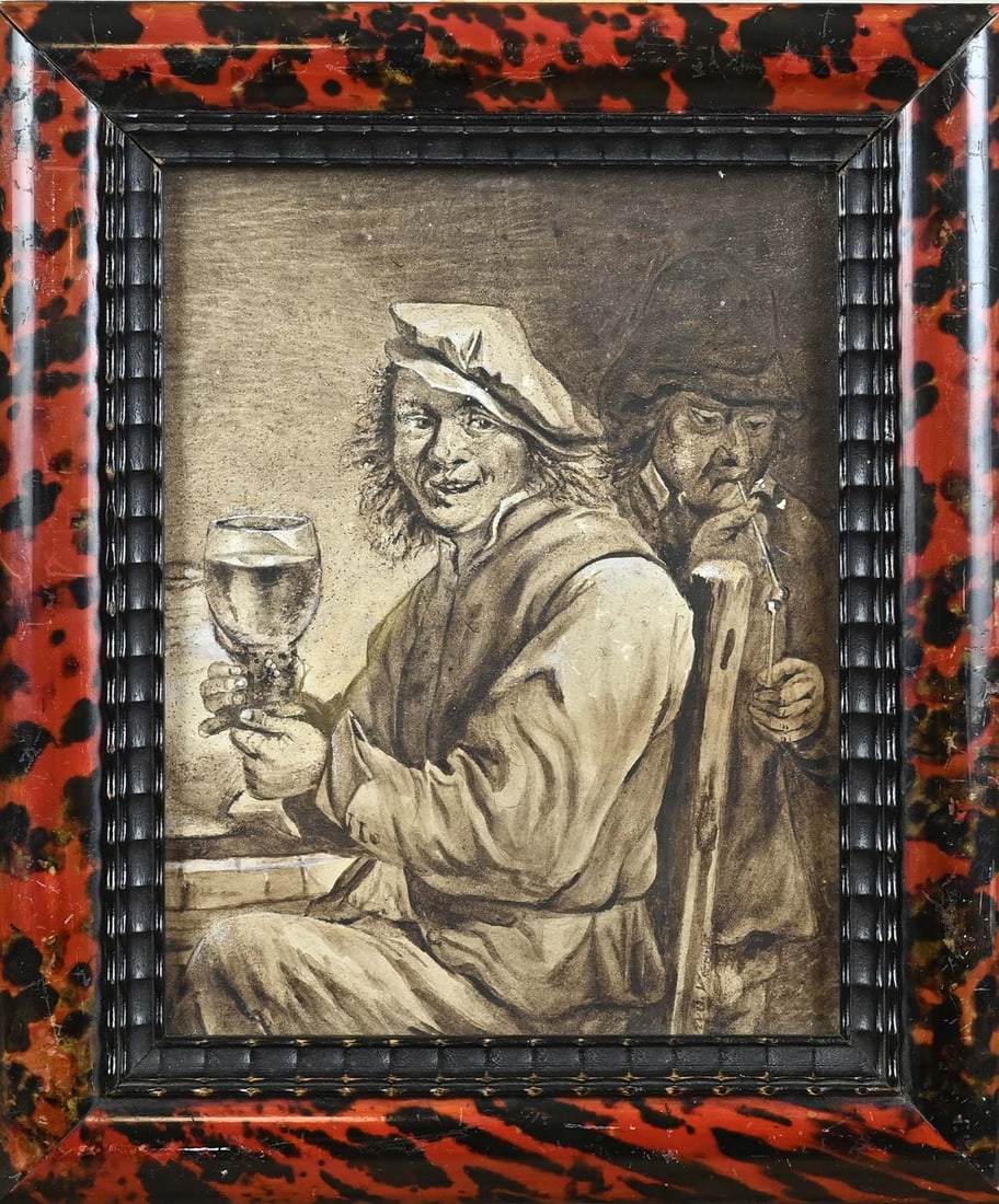 Antique watercolor + frame, Man with Roemer glass: Antique framed watercolor. Indistinctly signed. Man with a Roemer glass. Sepia on paper. Dimensions: H 20 x W 15 cm. In good condition.