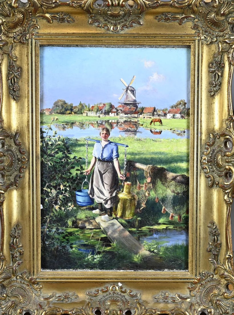 J. Miedema, Milkmaid: Johan Miedema. 1870 - 1952. Milkmaid on a gangplank/pier in front of a village. Oil on panel. Dimensions: H 45 x W 30 cm. In good condition.