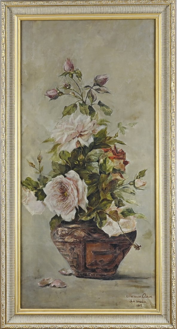 Jua Vecchia, Vase with roses: Jua Vecchia. 1902. Vase with roses. Oil on canvas. Dimensions: H 90 x W 43 cm. In good condition.