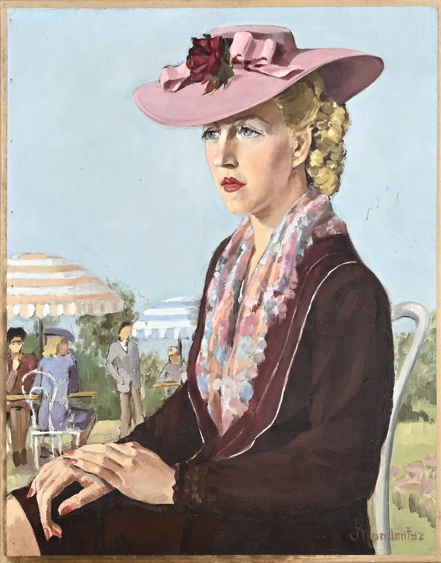 J. Hamdon Fyz?, Lady on the terrace: J. Hamdon Fyz? Circa 1930. Lady on a terrace. Oil on linen. Older lining. Dimensions: H 62 x W 51 cm. Some paint loss. In reasonable condition.