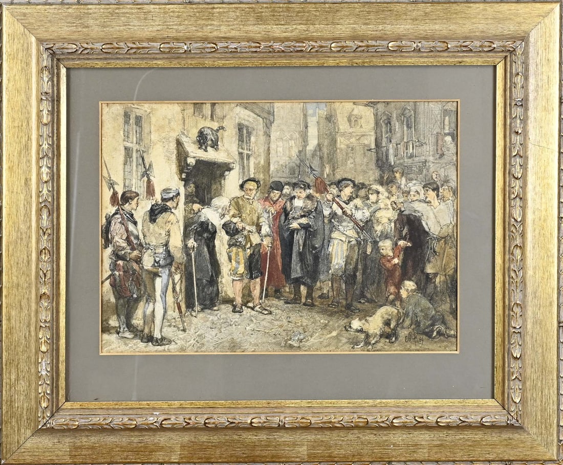 Charles Rochussen, Arrest of a Witch: Charles Rochussen. 1814–1894. 17th–18th century depiction of the arrest of a witch. Watercolor on paper. Dimensions: H 26 x W 35 cm. In good condition.