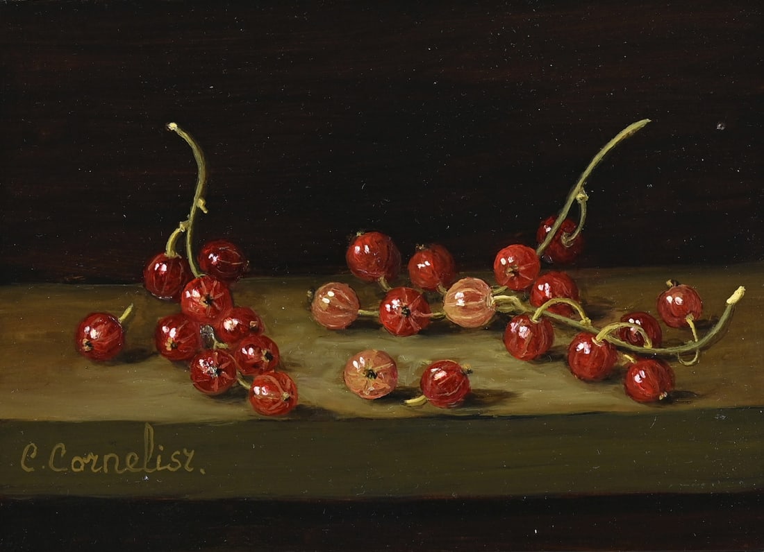 C. Cornelisz, Bessen: C. Cornelisz. 21st Century. Still life with berries. Oil on panel. Dimensions: H 13 x W 18 cm. In good condition.