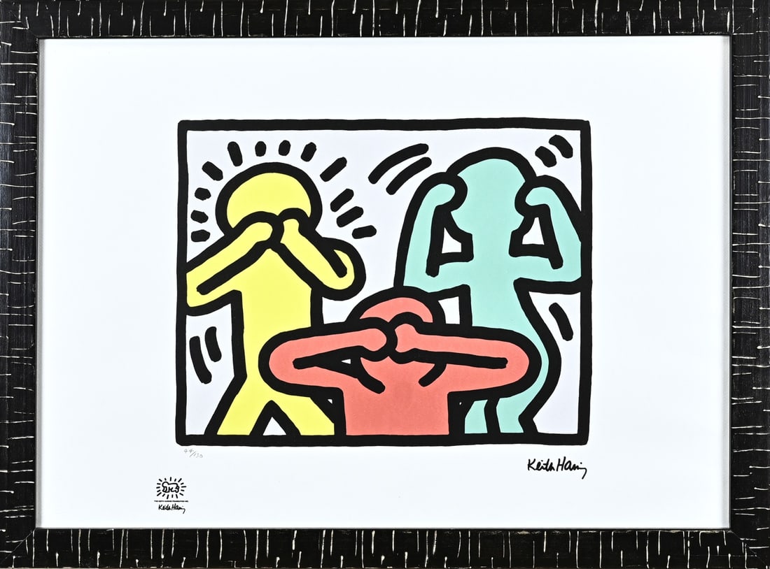 Keith Haring, 3 Dancing Figures: Keith Haring. Lithograph. No.: 44/150. Reprint. Three dancing figures. Lithograph on paper. Dimensions: H 50 x W 70 cm. In good condition.