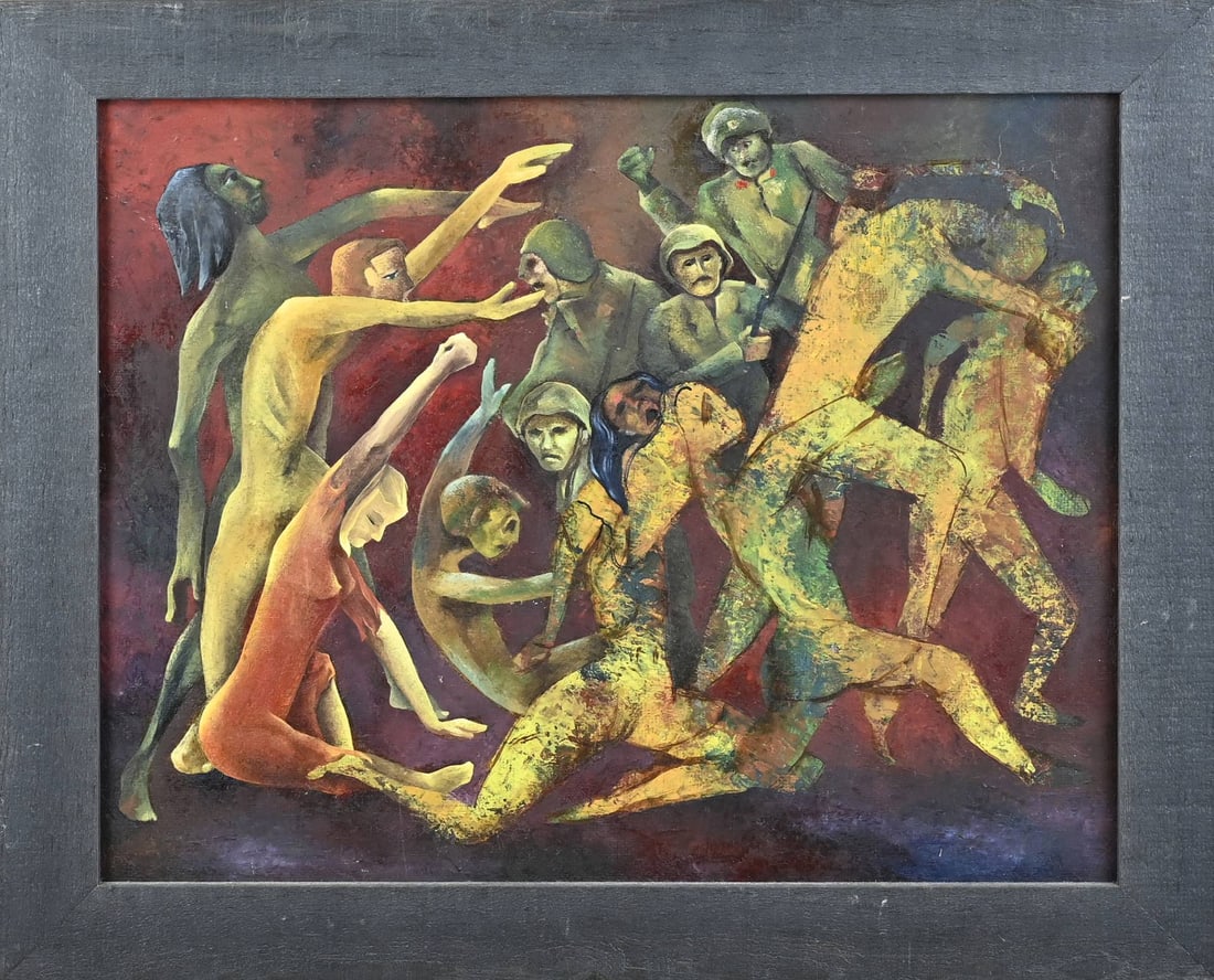 Tjeerd Tuinstra, Refugees with Soldiers: Tjeerd Tuinstra. 1916 - 2001 Franeker. Refugees with soldiers. Oil on board. Dimensions: H 40 x W 50 cm. In good condition.