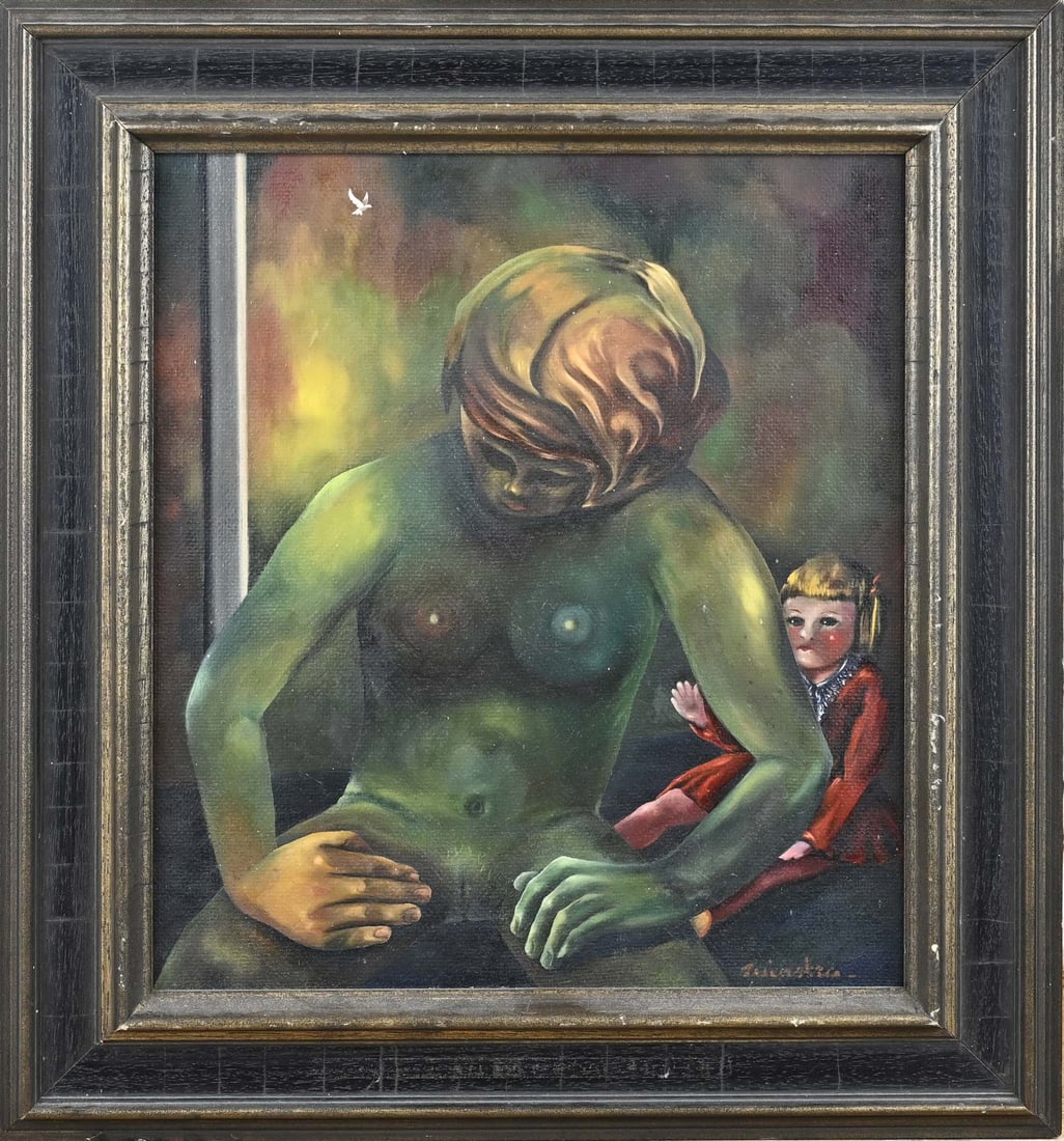Tjeerd Tuinstra, Lying naked lady: Tjeerd Tuinstra, 1916 - 2001 Franeker. The Mystery of Growing Up. Oil on board. Dimensions: H 40 x W 35 cm. In good condition.