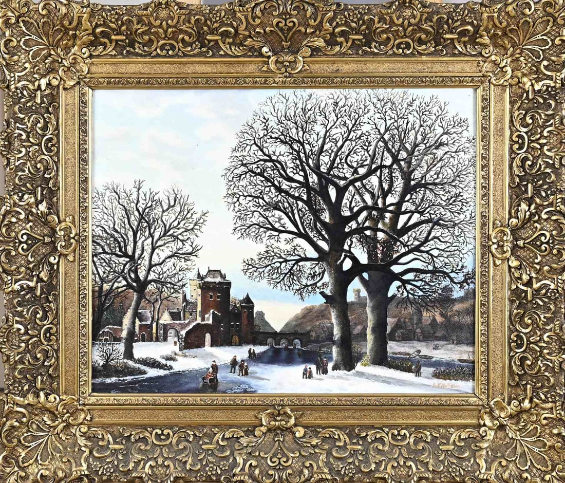AH Hoppmann, Winter Face: AH Hoppmann. 20th century. Winter scene with ice fun and castle. Oil on linen. Dimensions: H 40 x W 50 cm. In good condition.