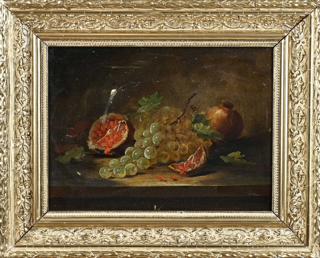 Painting, Still Life: Painting. Indistinctly signed. Circa 1880. Still life with fruit. Oil on panel. Dimensions: H 25 x W 32 cm. In good condition.