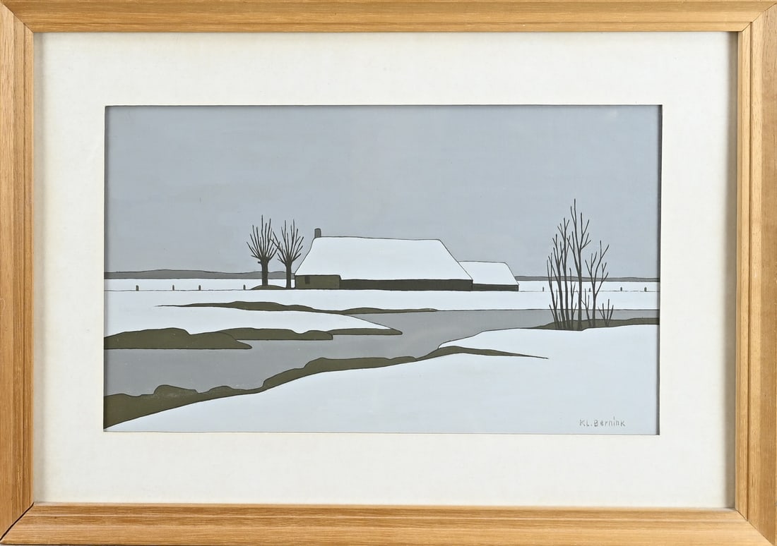 Klaas Bernink, Winter view of a farm in Giethoorn: Klaas Bernink (1986). 1913 - 1996 Glanerbrug. Winter scene of a farmhouse in Giethoorn. Acrylic on panel. Dimensions: H 22 x W 37 cm. In good condition.