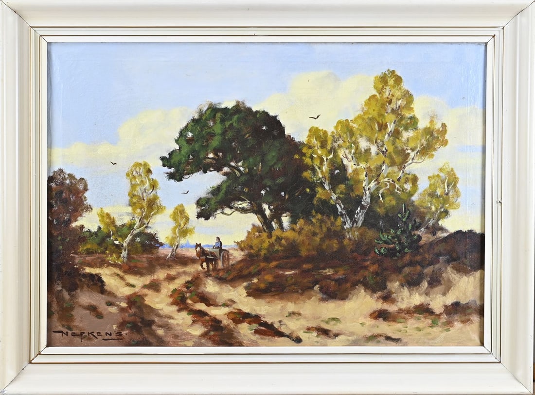 Jaap Nefkens, Heathland Landscape: Jaap Nefkens. 1926 - 1999. Heathland landscape with horse and wagon. Oil on canvas. Dimensions: H 50 x W 70 cm. In good condition.