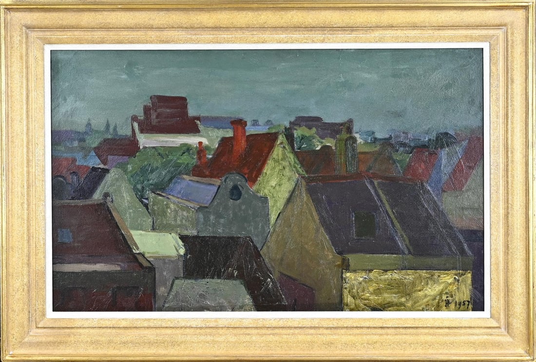 Jaap Hillenius, Cityscape (from above): Jaap Hillenius (1957). 1934 - 1999. Cityscape from above. Oil on canvas. Dimensions: H 50 x W 80 cm. In good condition.