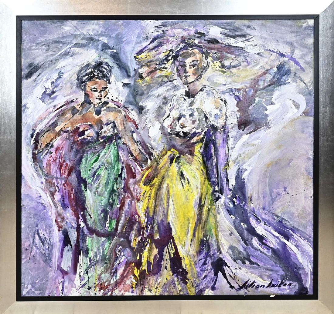 Lilian Luiten, Two ladies: Lilian Luiten. 1944 - 2012 Enschede. Large work. Two walking ladies. Acrylic on linen. Dimensions: H 120 x W 120 cm. In good condition.