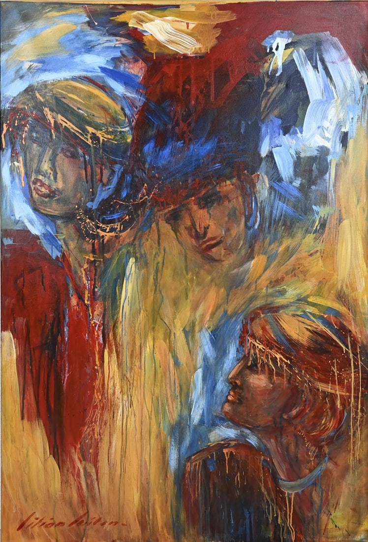 Lilian Luiten, Modern Composition: Lilian Luiten. 1944 - 2012 Enschede. Large work. Depiction with three figures. Acrylic on linen. Dimensions: H 162 x W 110 cm. In good condition.