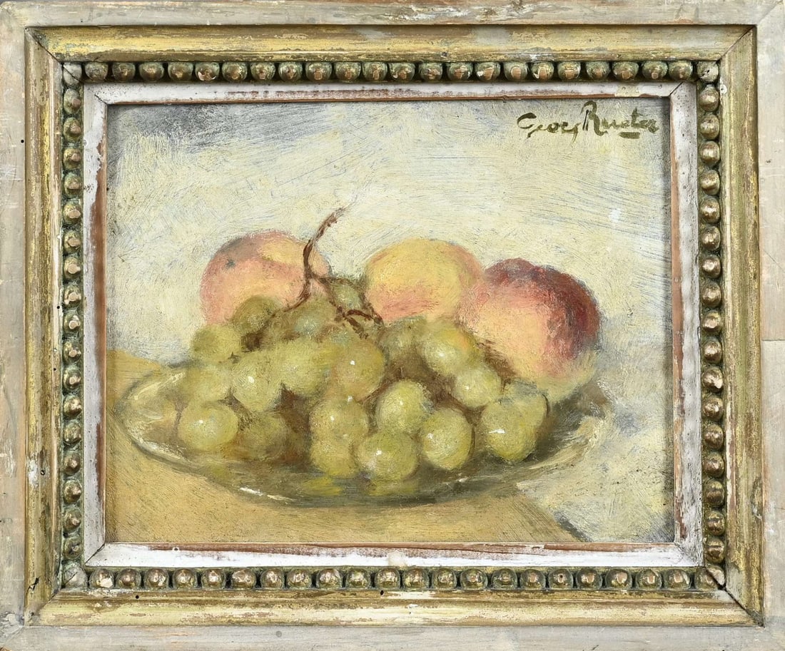 Georg Rueter, Still Life: Georg Rueter. 1875 - 1960. Still life with grapes and apples. Oil on panel. Dimensions: H 18 x W 22 cm. In good condition.