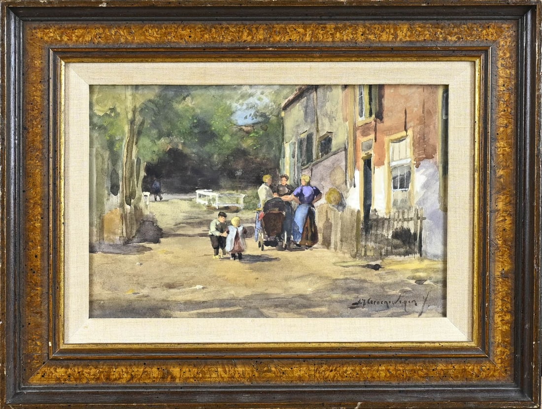AJ Groenewegen, Figures at home: AJ Groenewegen. 1874 - 1963. Figures at home. Watercolor on paper. Dimensions: H 16 x W 24 cm. In good condition.