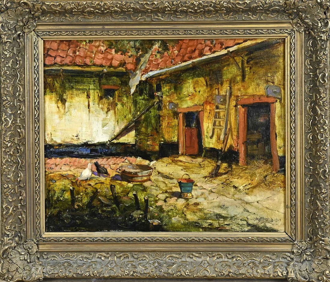 Frans Helfferich, Courtyard with chickens: Frans Helfferich. 1871 - 1941. Courtyard with chickens. Oil on canvas. Dimensions: H 40 x W 50 cm. In good condition.