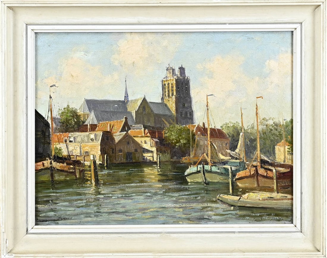 P. Wagemans, Port of Dordrecht: PJA Wagemans. Harbour View of Dordrecht. Oil on linen. Dimensions: H 30 x W 40 cm. In good condition.