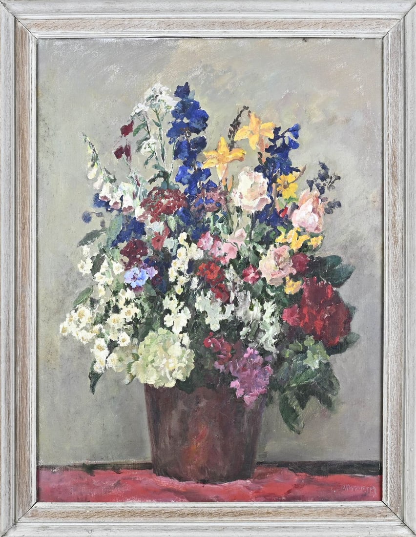 A. Potgieter, Flower Still Life: A. Potgieter. 1899 - 1982. Flowerpot with flowers. Oil on canvas. Dimensions: H 80 x W 60 cm. In good condition.
