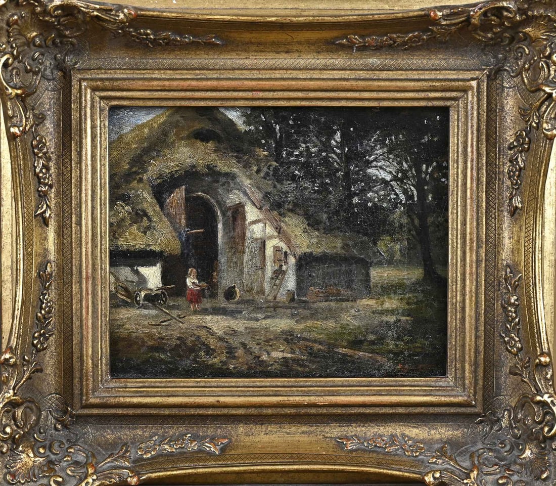 Painting, Girl with straw at a half-timbered farmhouse: Unsigned. Circa 1900. Girl with straw by a half-timbered farmhouse. Oil on canvas. Dimensions: H 16 x W 20 cm. In good condition.