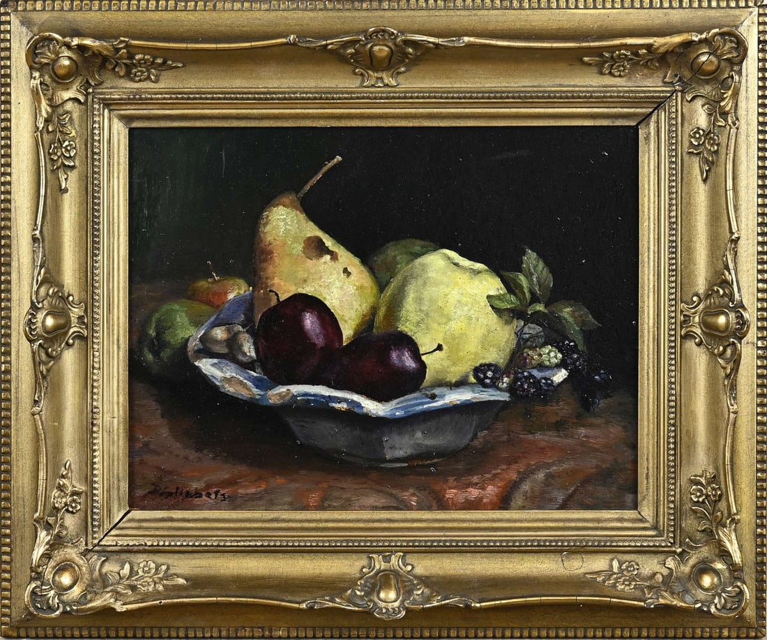 Indistinctly signed, Still life with fruit: Indistinctly signed. 20th century. Still life with fruit. Oil on panel. Dimensions: H 19 x W 25 cm. In good condition.