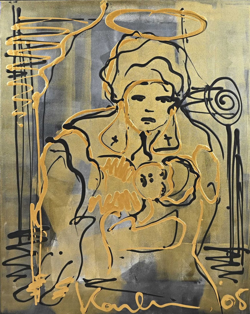 Jacob Kanbier, Madonna in Gold: Jacob Kanbier. 1949 - 2020. Madonna in Gold. Acrylic on linen. Dimensions: H 100 x W 80 cm. In good condition.