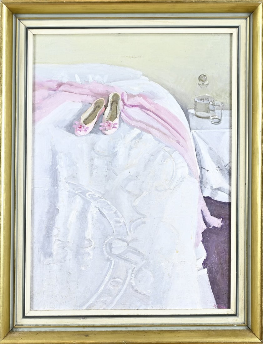 Karen Ray, Still Life: Karen Ray. 1931 – 1998. English School. Still life with ballerinas. Oil on canvas. Marouflé. Dimensions: H 45 x W 33 cm. In good condition.